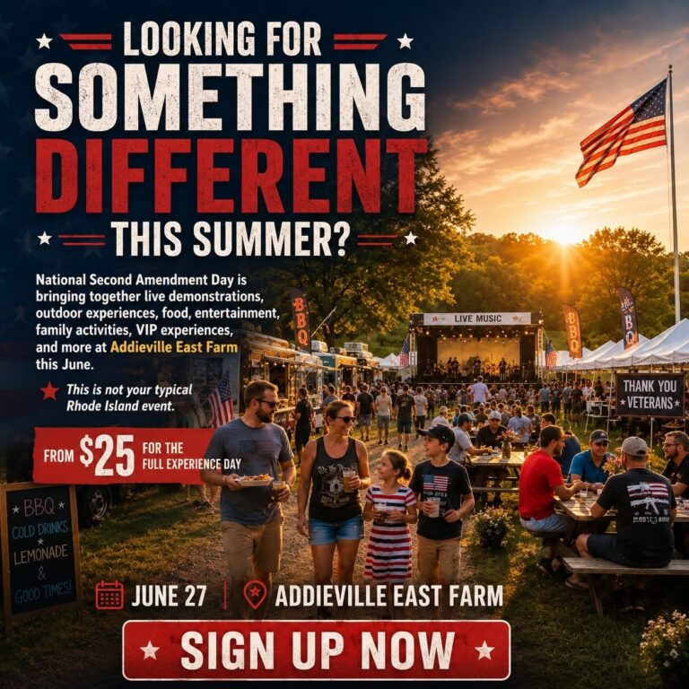 National 2nd Amendment Day promotional flyer: Saturday June 27 at Addieville East Farm in Burrillville, Rhode Island. Food trucks, live demonstrations, family activities, and tickets from $25.